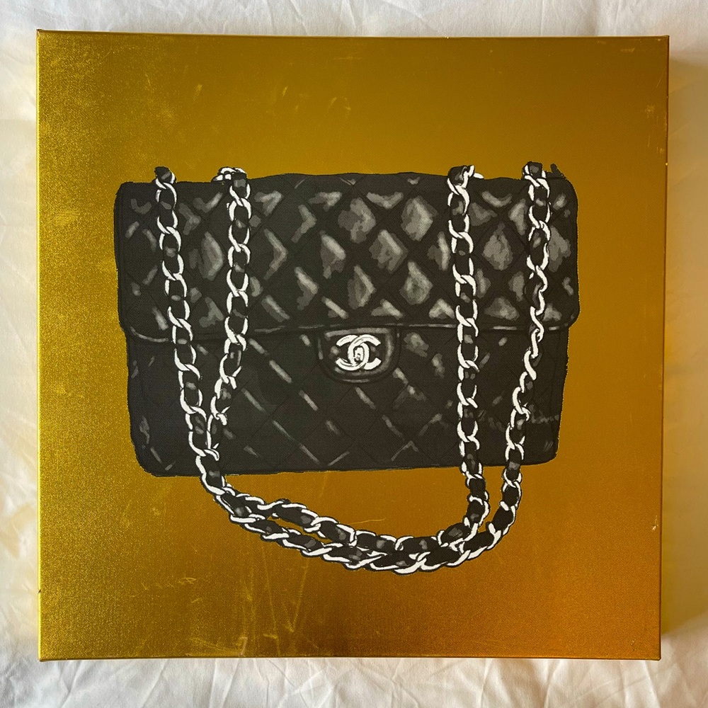 Gold & black Chanel bag printed canvas/ picture / art decor 18” x 18”